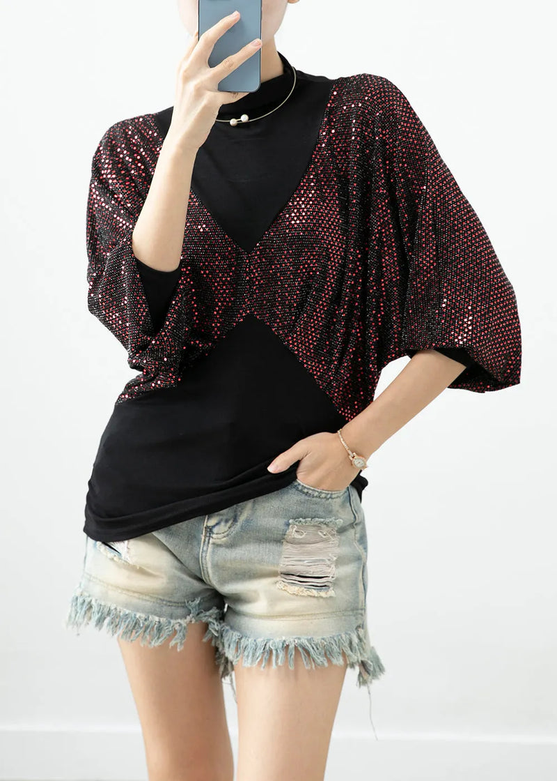 Red Zircon Patchwork Cotton Fake Two Piece Top Fall