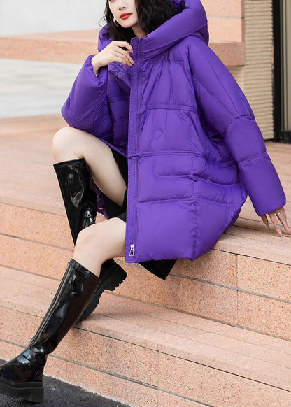 Purple Cotton Blend Puffers Jackets Oversized Hooded Winter