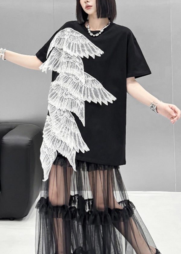 Summer New Black Embroidered Wings T-shirt Dress