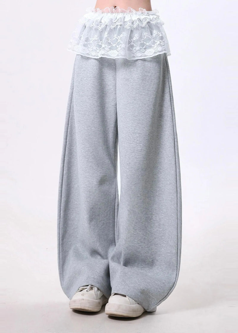 Grey Oversized Patchwork Lace Cotton Wide Leg Pants Spring