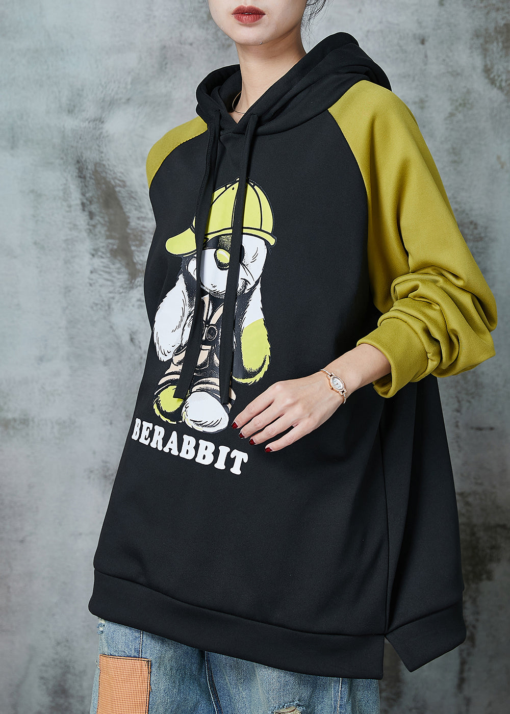 Diy Black Hooded Patchwork Warm Fleece Pullover Spring