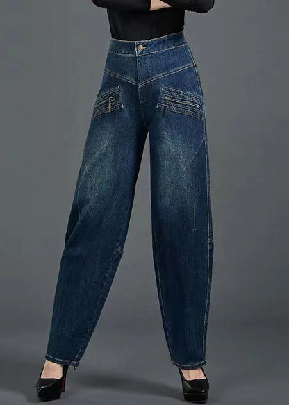 Blue High Waist Flatering Zip Up Pockets Cotton Denim Pants Summer