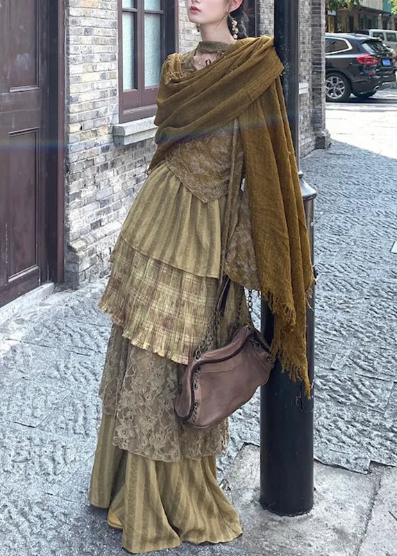 Style Green Print Top, Maxi Skirts and Shawl Three Piece Set Flare Sleeve