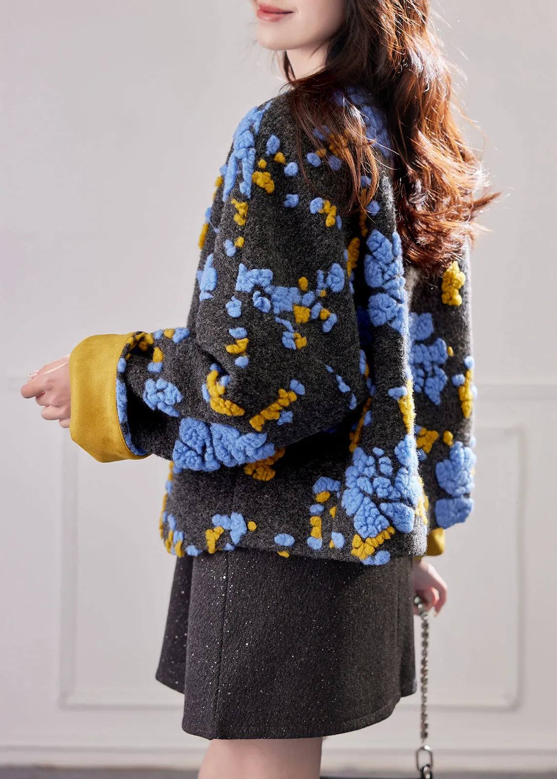 Blue Embroidered Button Duck Down Woolen Coat Winte