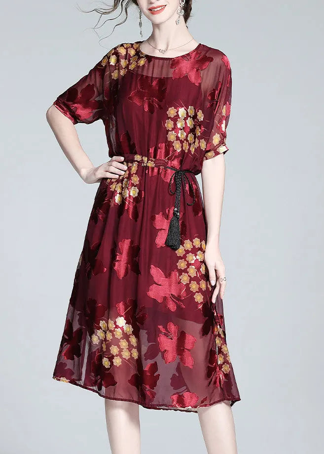 Diy Red O-neck Print Tunic Silk Maxi Dresses and Slip Dress Two Pieces Set Summer