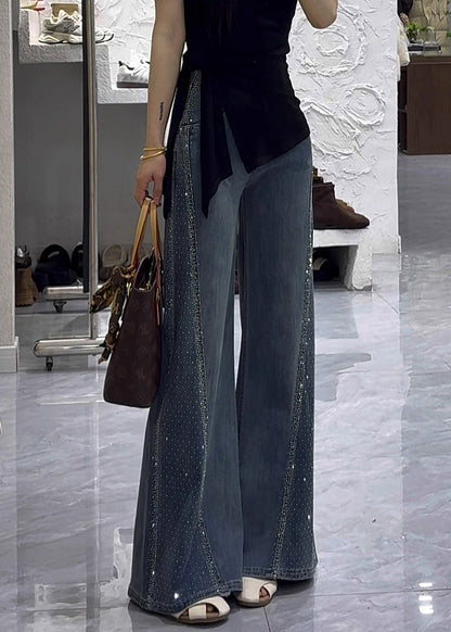 Modern Denim Blue Zircon High Waist Flared Trousers Fall