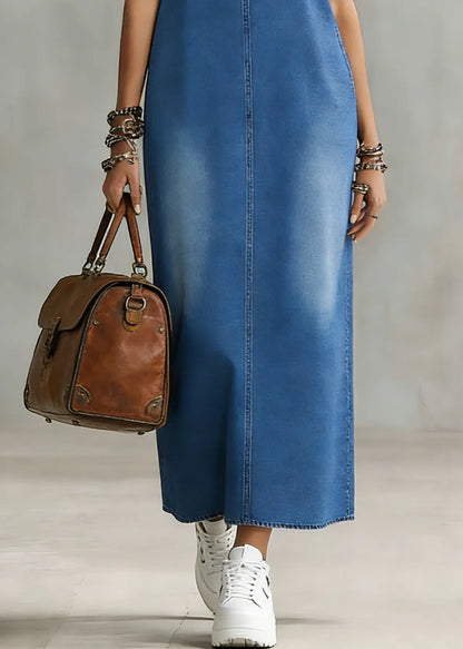 Blue V Neck Patchwork Denim Maxi Spaghetti Strap Dress Sleeveless