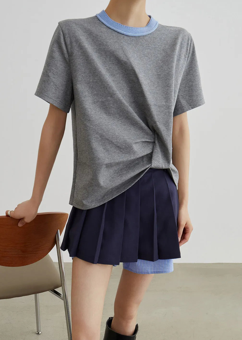French Grey O-neck Patchwork T Shirts and Navy Pants Skirt Cotton Two Piece Set Summer