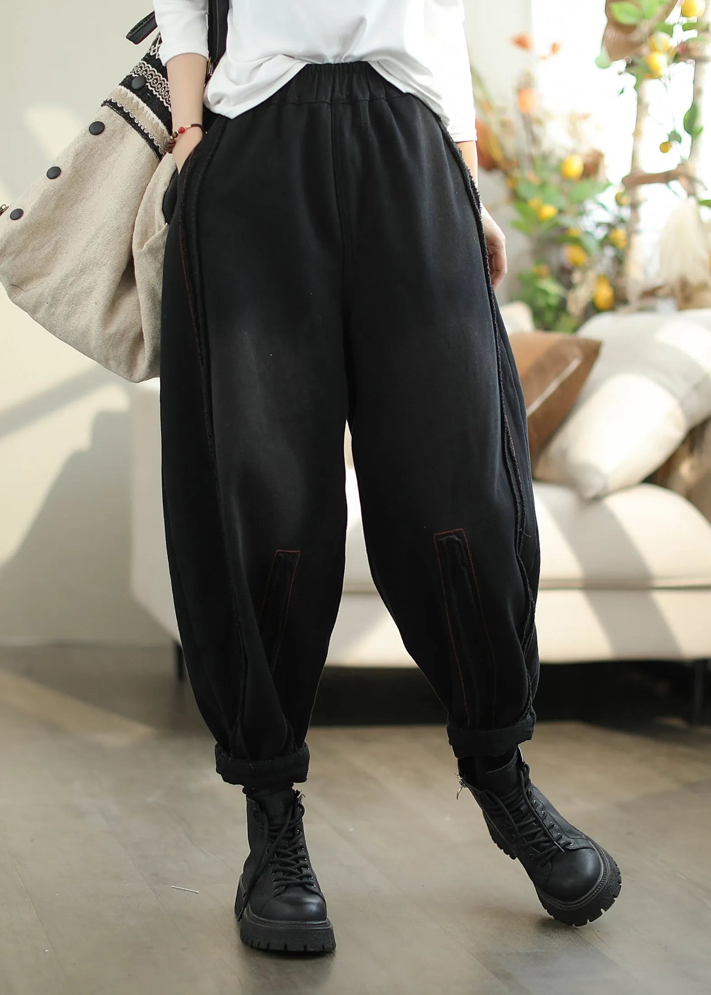 Black Pockets Elastic Waist Warm Fleece Pants Spring