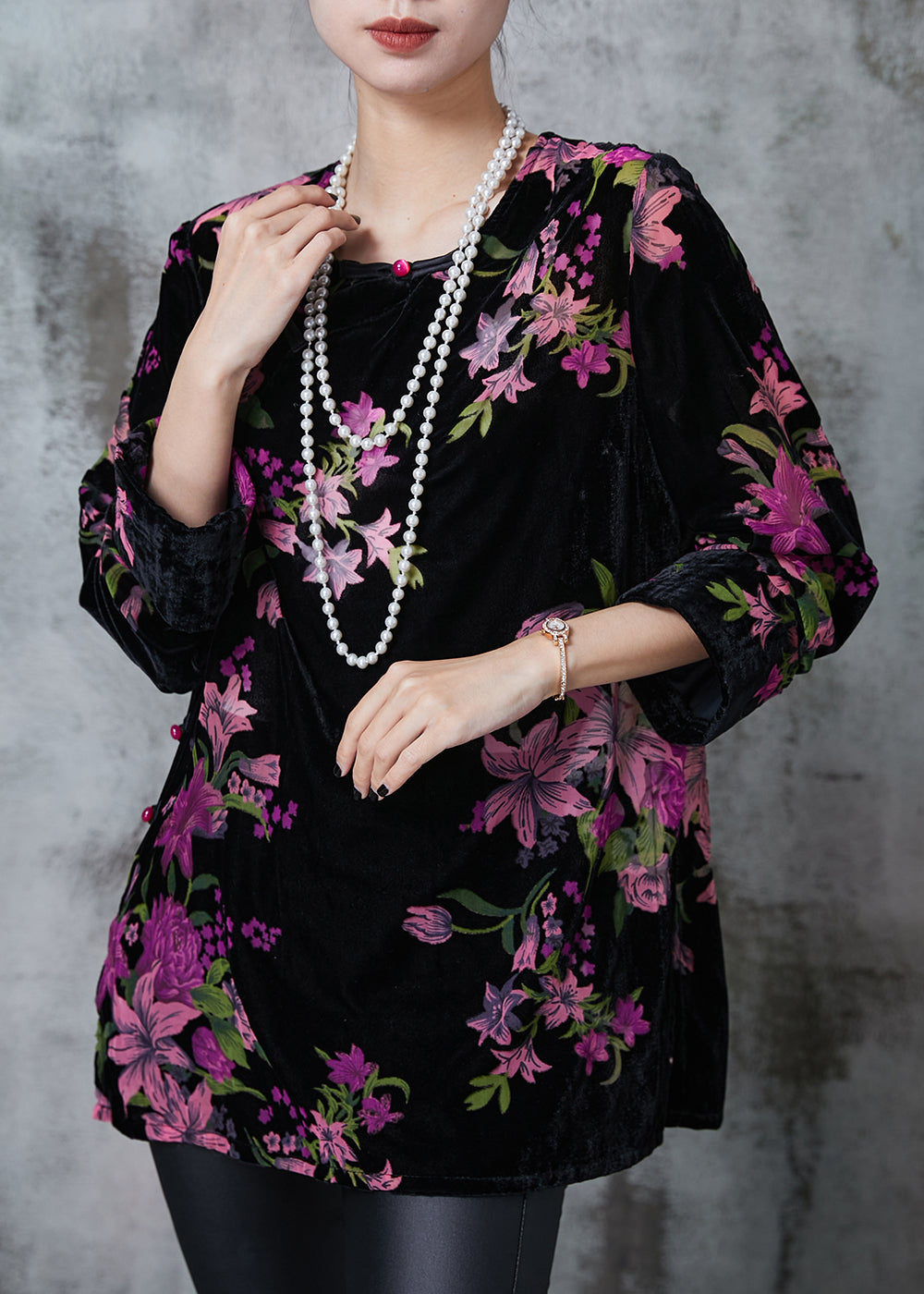 Black Print Chinese Button Silk Velour Shirt Fall