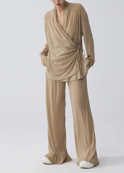 Coffee Tie Waist Side Knit Two Pieces Set Summer