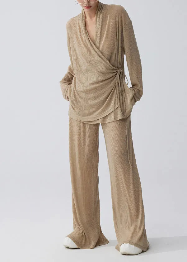 Coffee Tie Waist Side Knit Two Pieces Set Summer