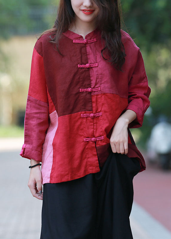 Mulberry Stand Collar Patchwork Oriental Button Linen Shirt Top Spring