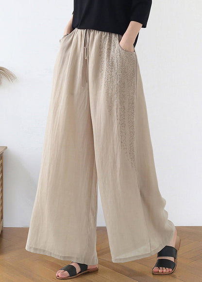 Apricot Embroideried Pockets Linen Wide Leg Pants Fall