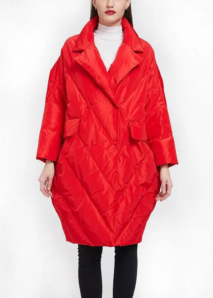 Red Peter Pan Collar Button Duck Down Coat Long Sleeve