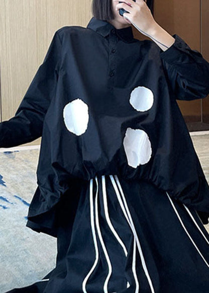 Modern Black Low High Design Peter Pan Collar Dot Patchwork Shirt Tops Spring