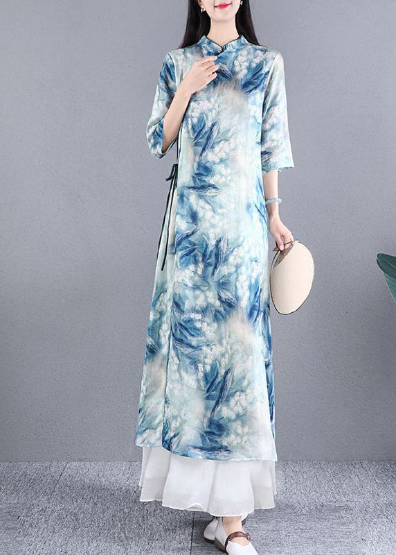 Blue Tie Dye Slim Fit Linen Dress Fall