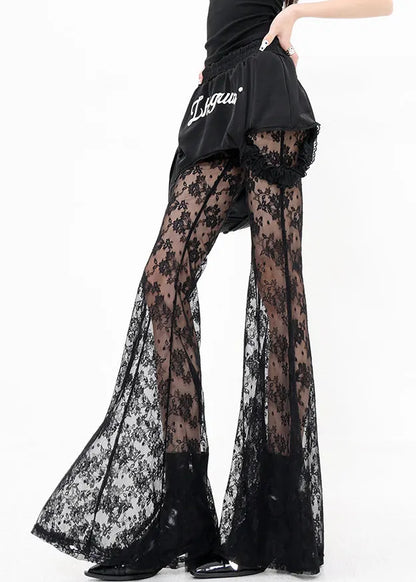 Black False Two Pieces Patchwork Lace Flared Trousers Summer