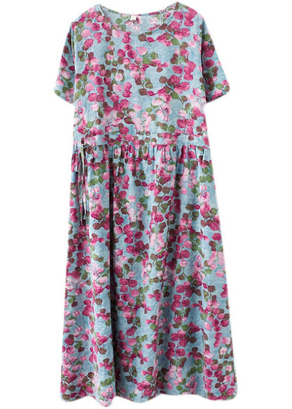 Red O-neck Cinched Print Cotton Cinch Dress Short Sleeve