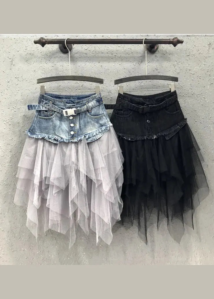 Style Blue Asymmetrical Tulle Patchwork Denim Skirts Summer