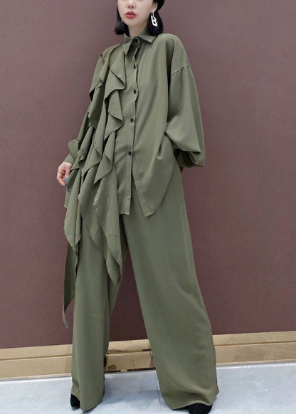 Modern Green Peter Pan Collar Asymmetrical Design Two Piece Set Spring