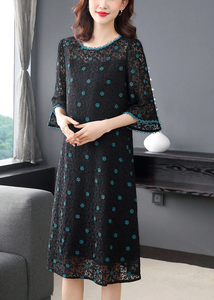Fitted Green O-neck Embroideried Silk Dress Half Sleeve