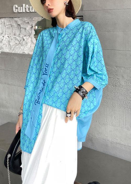 French Blue Print Button Patchwork Top Summer