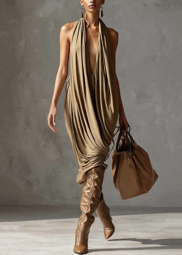 Original Design Khaki Asymmetrical Wrinkled Cotton Dresses Sleeveless Summer