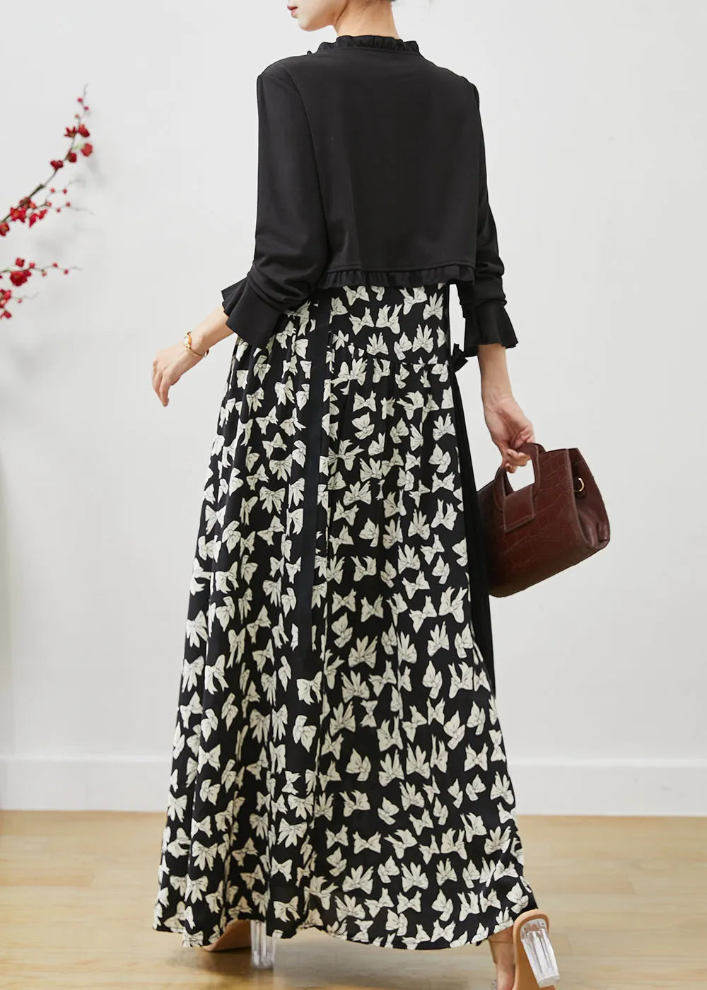 Black Ruffled Print Chiffon Dress Two Pieces Set Summer