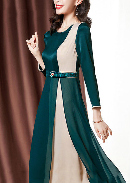 Fitted Blackish Green O-neck Patchwork Chiffon Cinch Dress Bracelet Sleeve