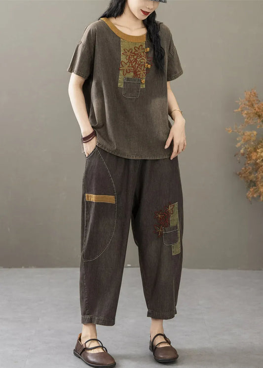 Retro Black Embroidered T Shirt and Crop Pants Denim Two Pieces Set Summer