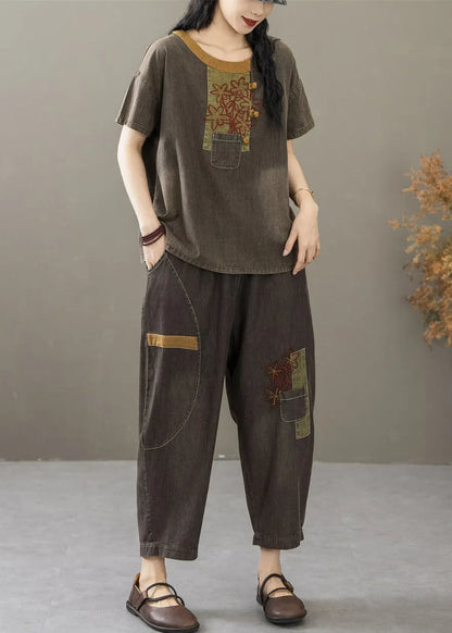 Retro Black Embroidered T Shirt and Crop Pants Denim Two Pieces Set Summer