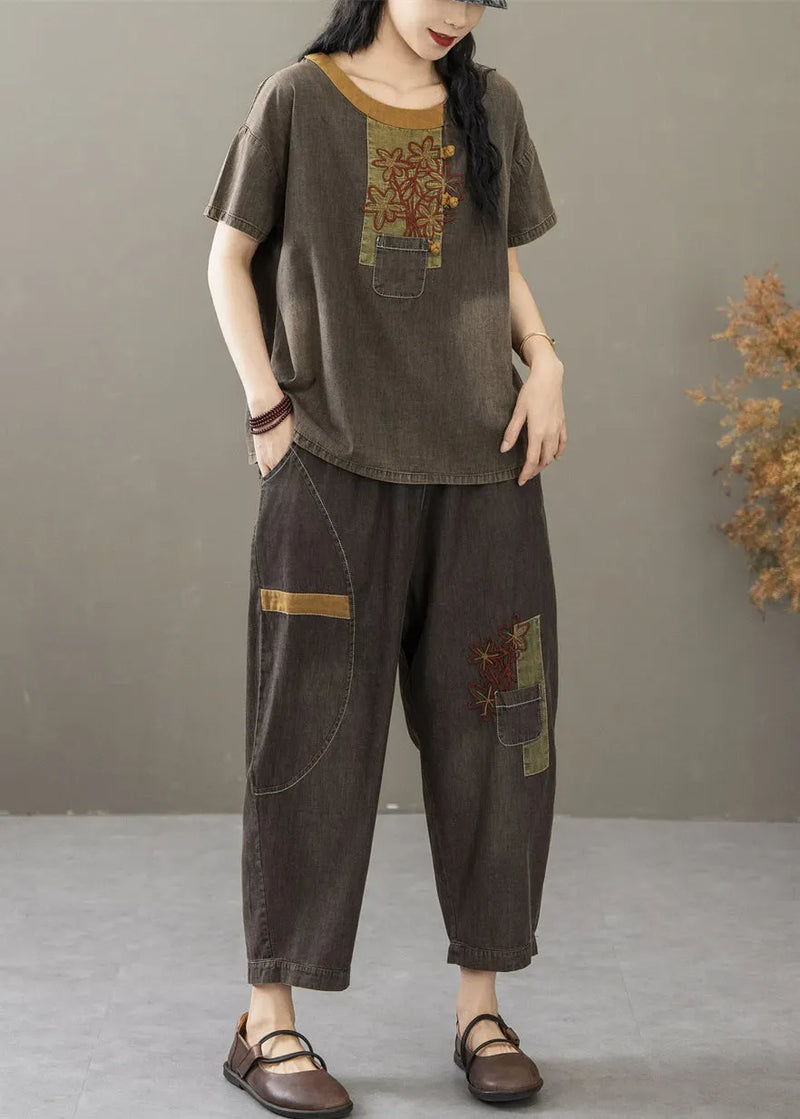 Retro Black Embroidered T Shirt and Crop Pants Denim Two Pieces Set Summer