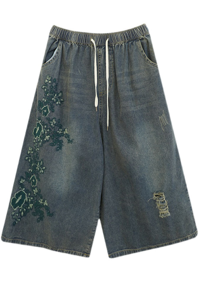 Blue Elastic Waist Drawstring Embroideried Pockets Cotton Denim Crop Pants Summer