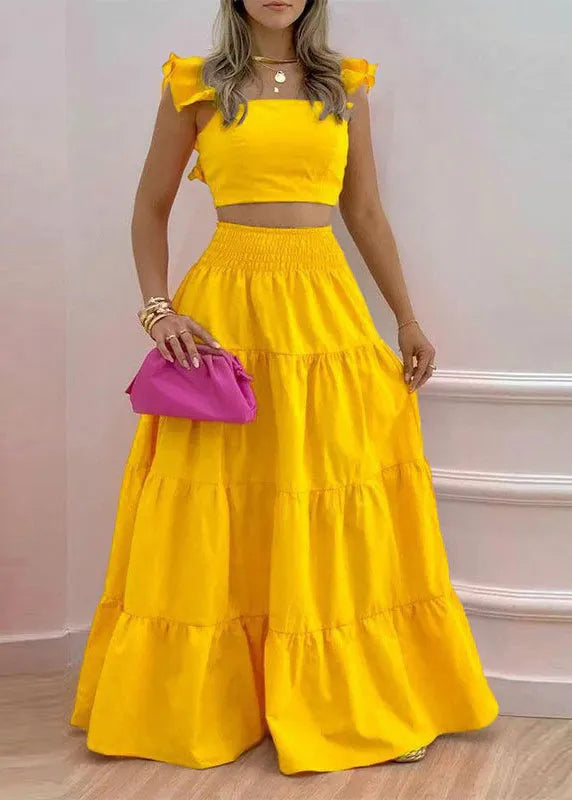 Orange Elastic Waist Cotton Two Pieces Set Square Collar Sleeveless