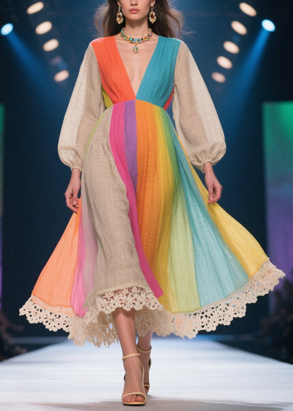 Rainbow V Neck Patchwork Linen Party Dress Lantern Sleeve