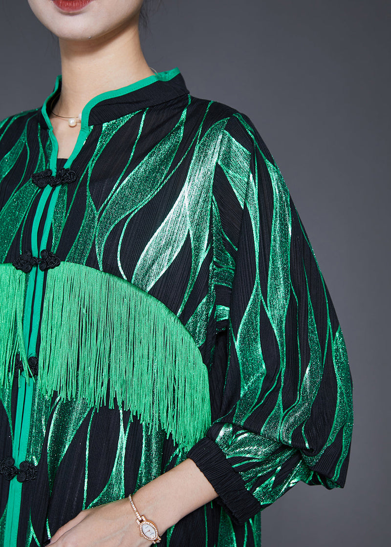 Green Striped Tasseled Chinese Button Silk Maxi Dresses Fall