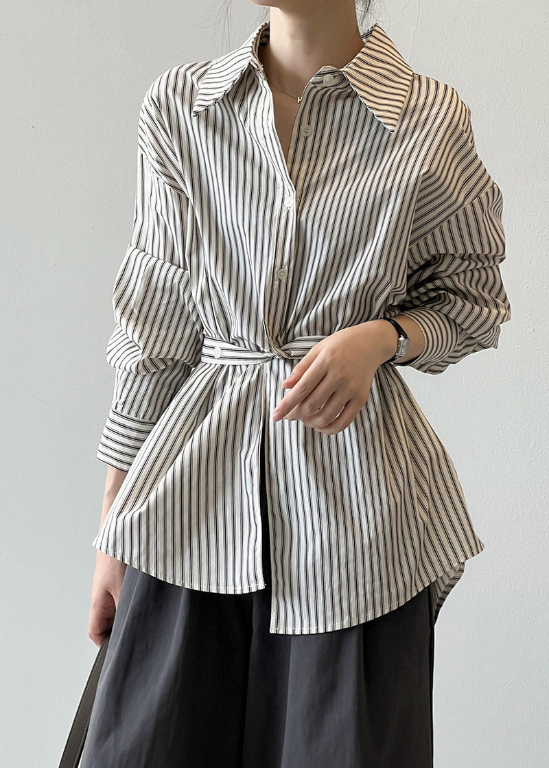 French Peter Pan Collar Striped Button Cotton Shirt Fall