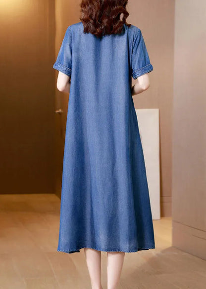 Blue Embroideried Side Open Denim Dress Summer