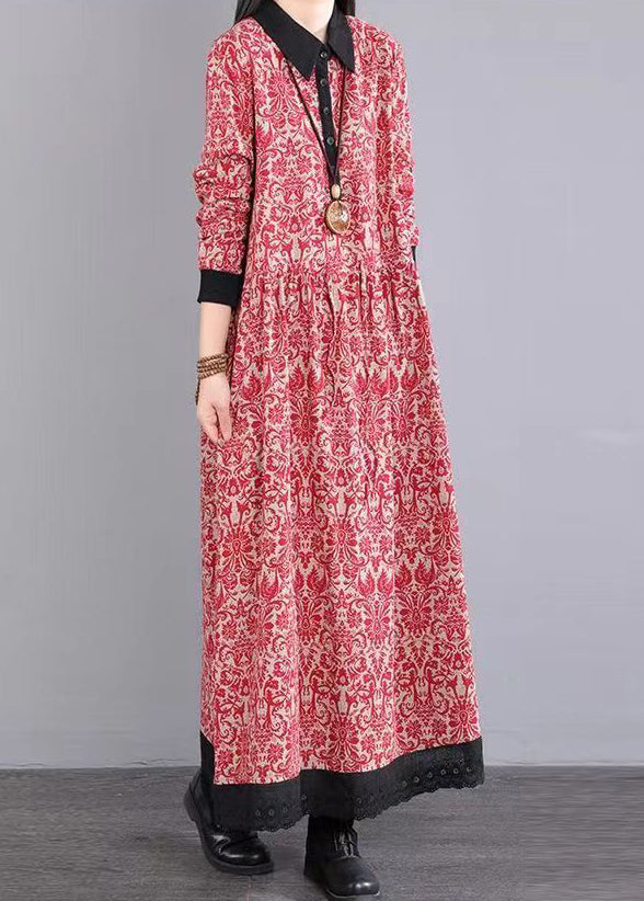 Red Peter Pan Collar Patchwork Cotton Long Dress Fall