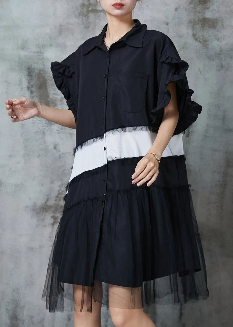 Black Oversized Patchwork Cotton Dress Petal Sleeve