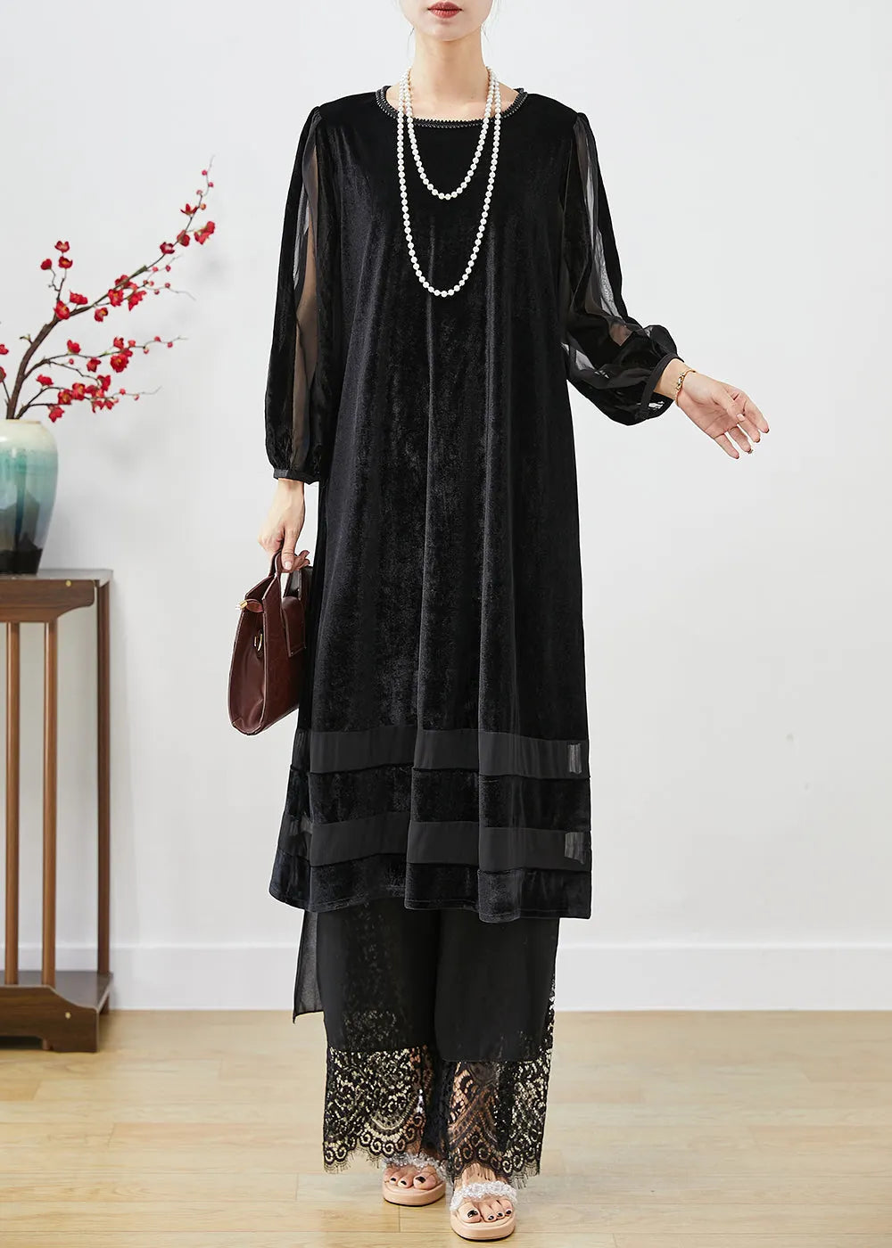 Black Hollow Out Patchwork Silk Velour Maxi Dresses Bracelet Sleeve Spring