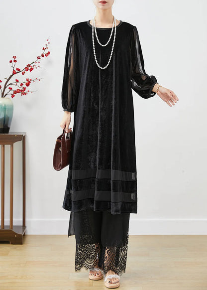 Black Hollow Out Patchwork Silk Velour Maxi Dresses Bracelet Sleeve Spring