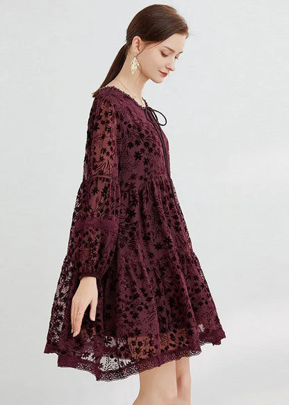 Mulberry O-neck Lace Up Silk Velour Mid Dress Long Sleeve