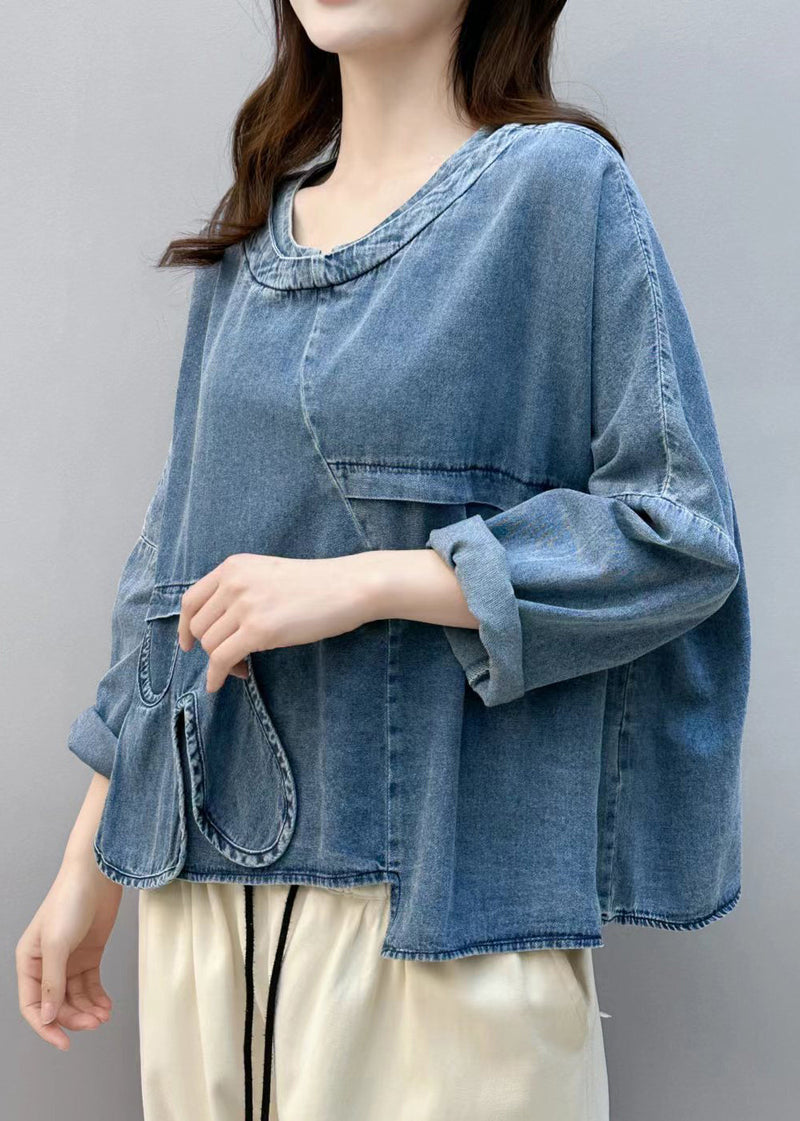 Blue Asymmetrical Patchwork Denim Shirt Tops Fall