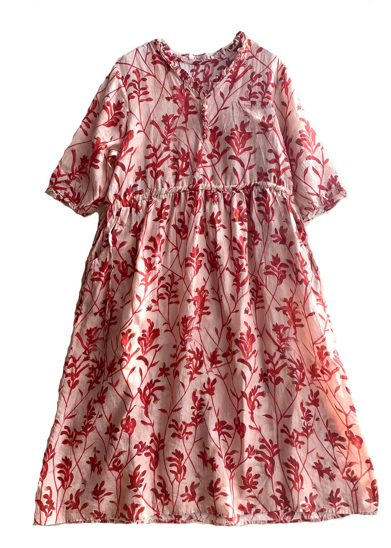 Diy Red Ruffled Print Linen Holiday Dress Half Sleeve