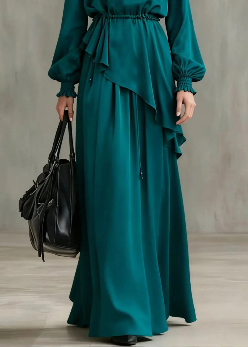 Peacock Blue Asymmetrical Cinched Cotton Two Pieces Set Summer