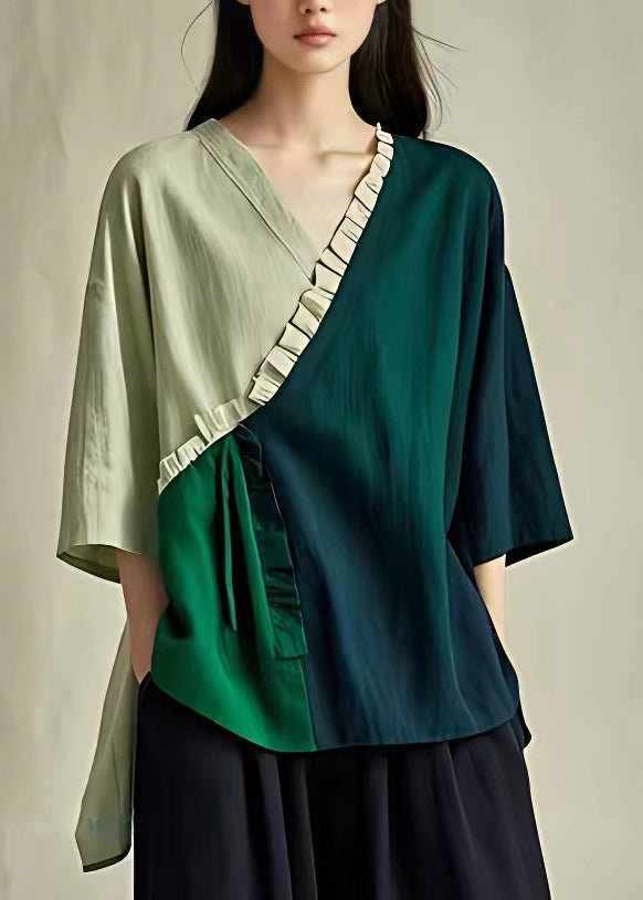 Green V Neck Ruffled Patchwork Shirts Summer