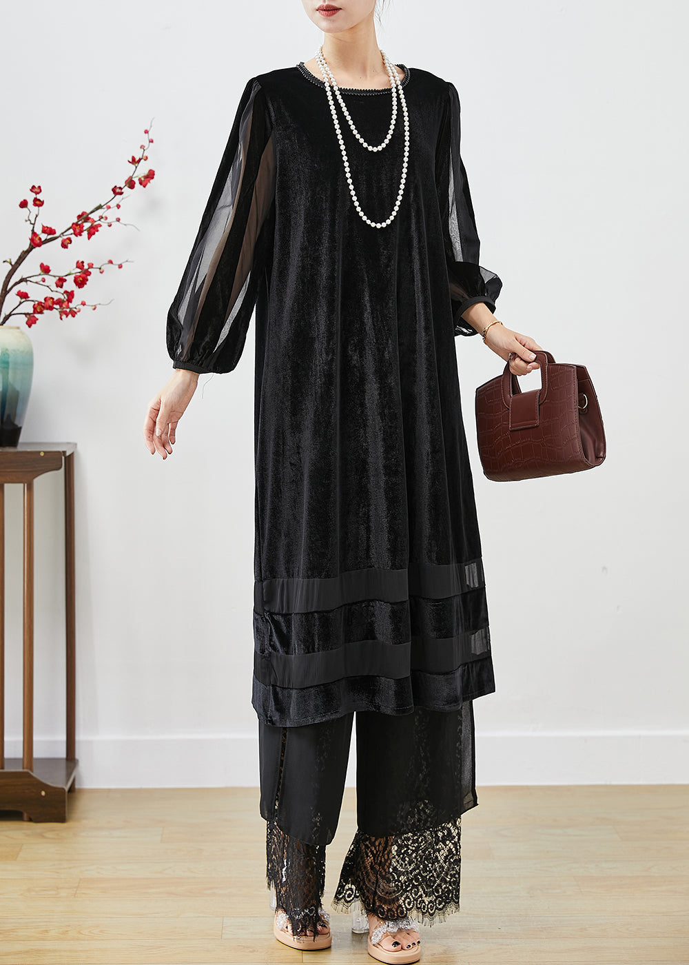 Black Hollow Out Patchwork Silk Velour Maxi Dresses Bracelet Sleeve Spring