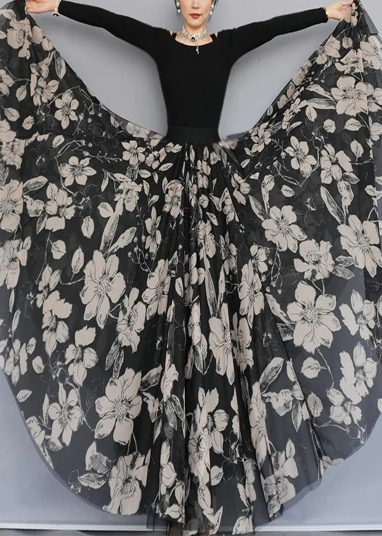 Black Print Exra Large Hem Chiffon Skirts Spring